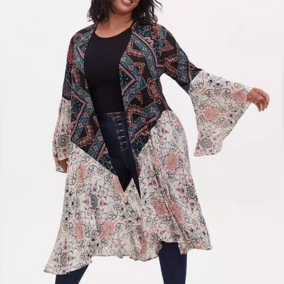 Torrid Teal and Coral Patterned Kimono Bell Sleeves, Bohemian NWT size 3X - Picture 1 of 13